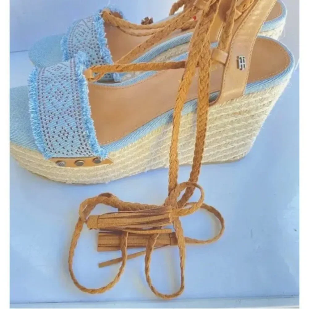 Tommy Hilfiger Women Blue Tan Studded Espadrille Tie-Up Wedge 8M